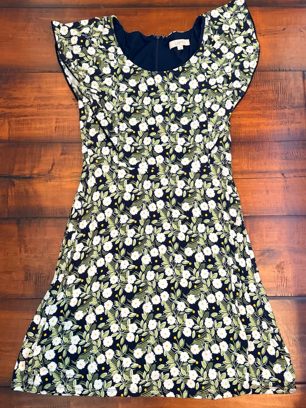 LOFT Black Floral Fit-and-Flare Dress with White Flowers and Green Leaves